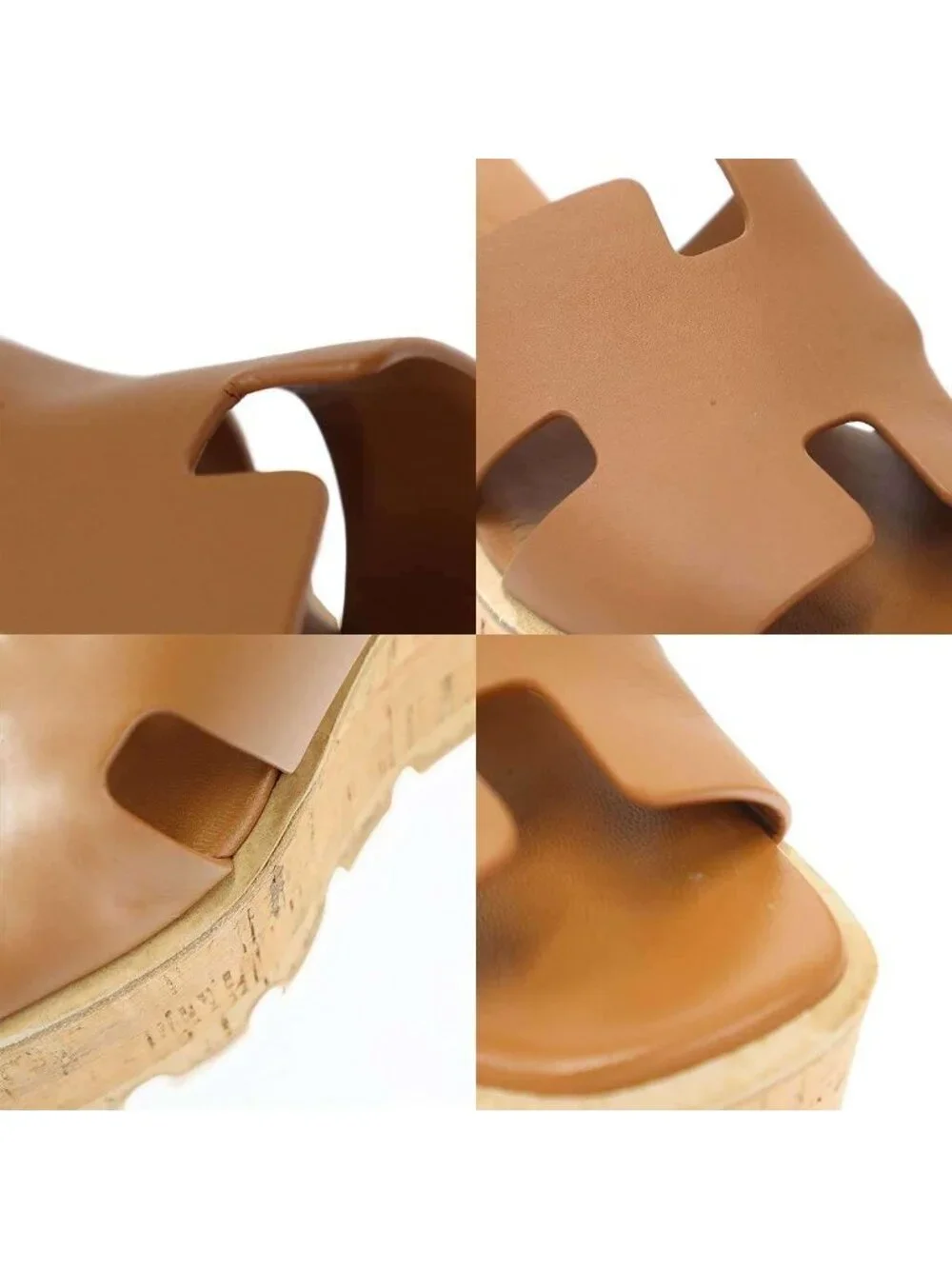 Hermes Eze Platform Cork Sole Leather Sandals Brown